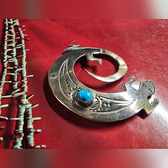 Vintage Sterling Silver Lizard Brooch with Turquoise Accent Stamped HIJE - Picture 2 of 5
